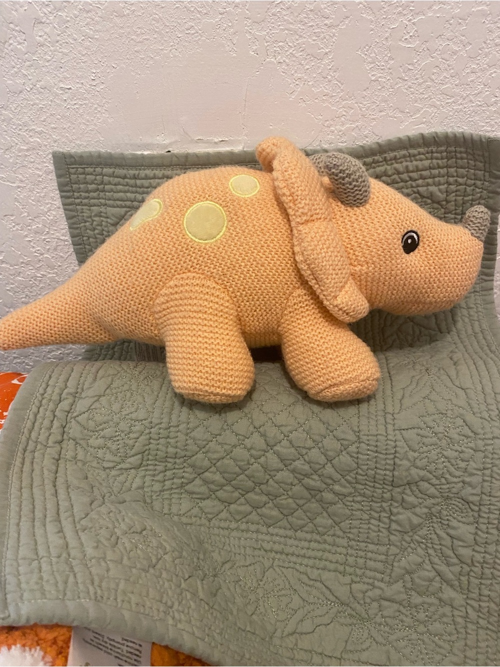 Spark Create Imagine “Triceratops Dinosaur Baby Toy” 12x5.5” Peach/Yellow NWOT